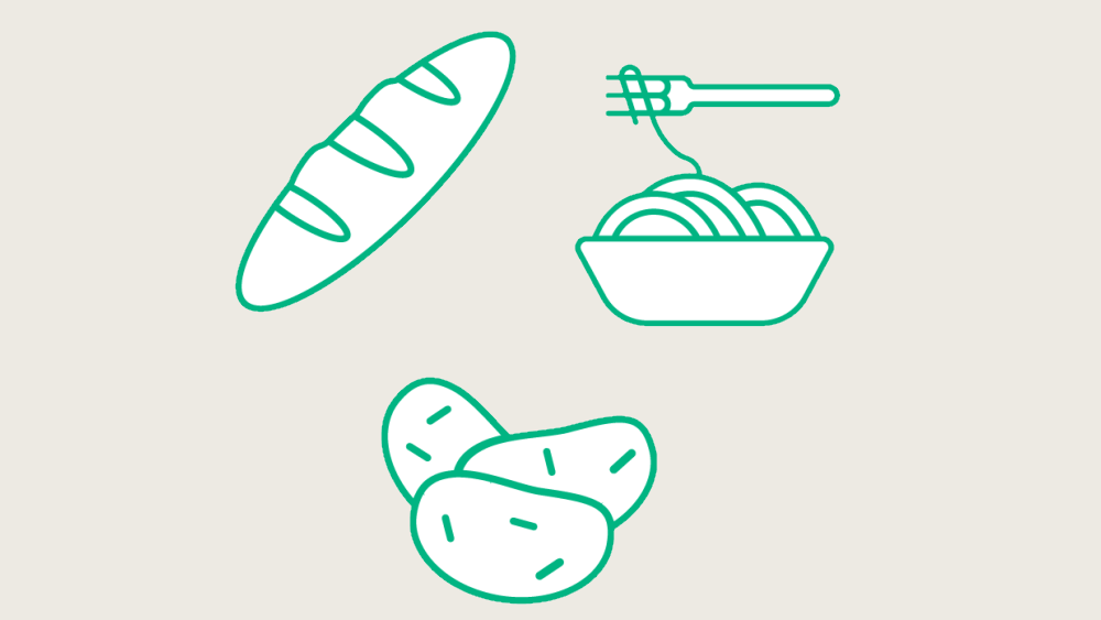 Pain, pommes de terre et pâtes avec illustration vert fourchette
