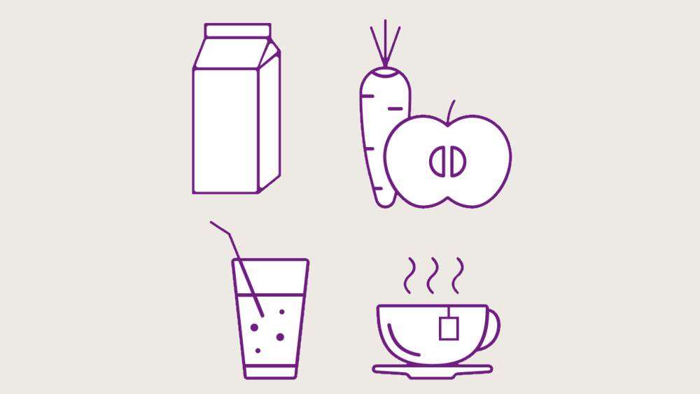 illustration lait, thé, eau pétillante, carotte et pomme mauve