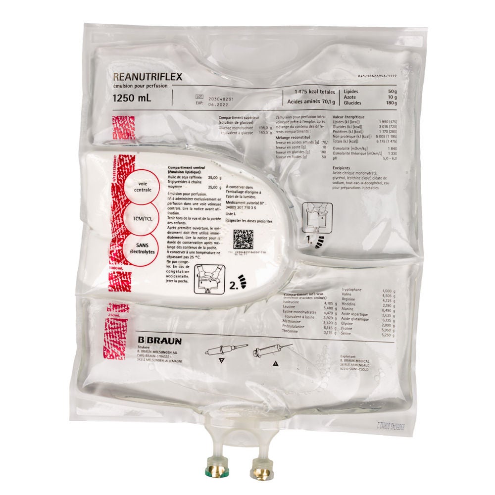 Poche 3 compartiments hyper-concentrée pour voie veineuse centrale contenant acides aminés, glucose, émulsion mixte huile de soja/Triglycérides chaîne moyenne.