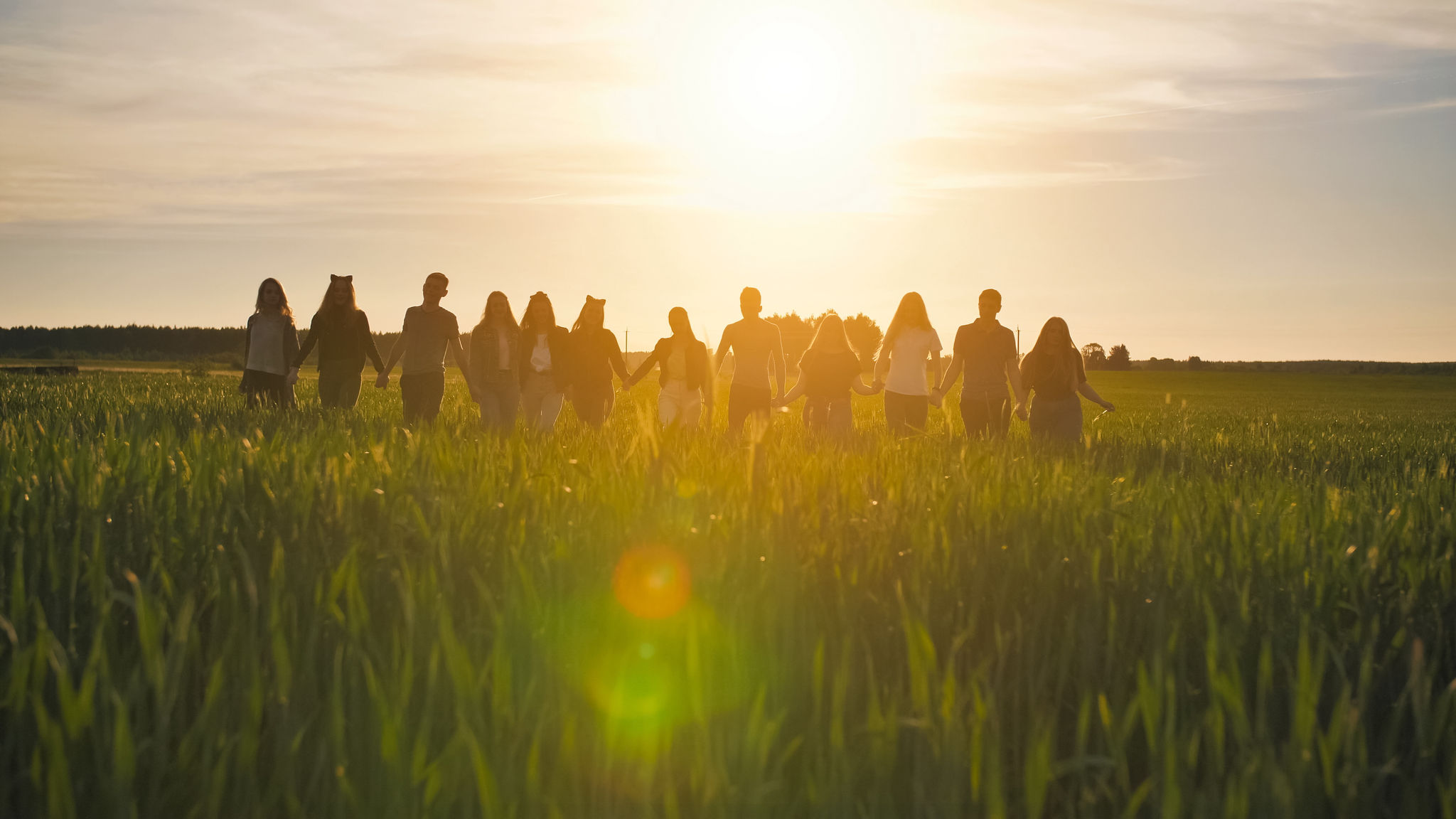 Silhouettes of a group of friends walking across a field in the sunset holding hands